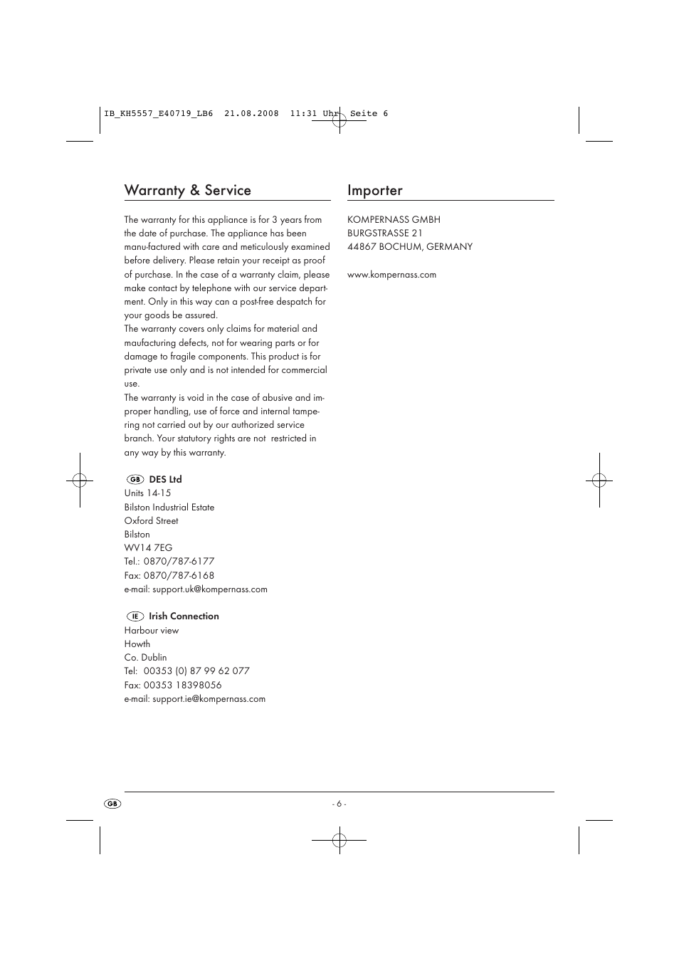 Warranty & service, Importer | Kompernass FOOT SPA KH5557 User Manual | Page 8 / 8