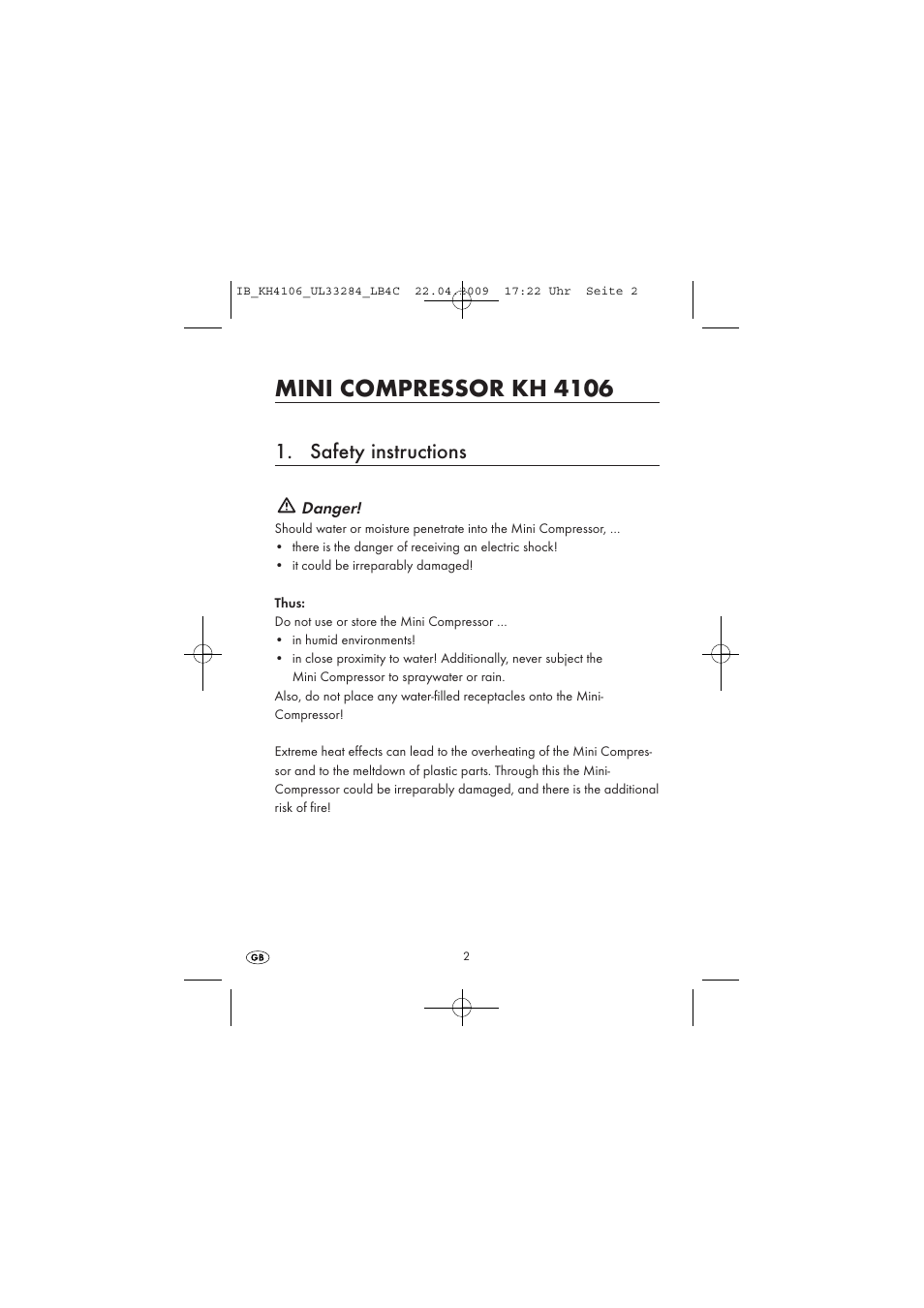 Mini compressor kh 4106, Safety instructions | Kompernass KH 4106 User Manual | Page 4 / 43