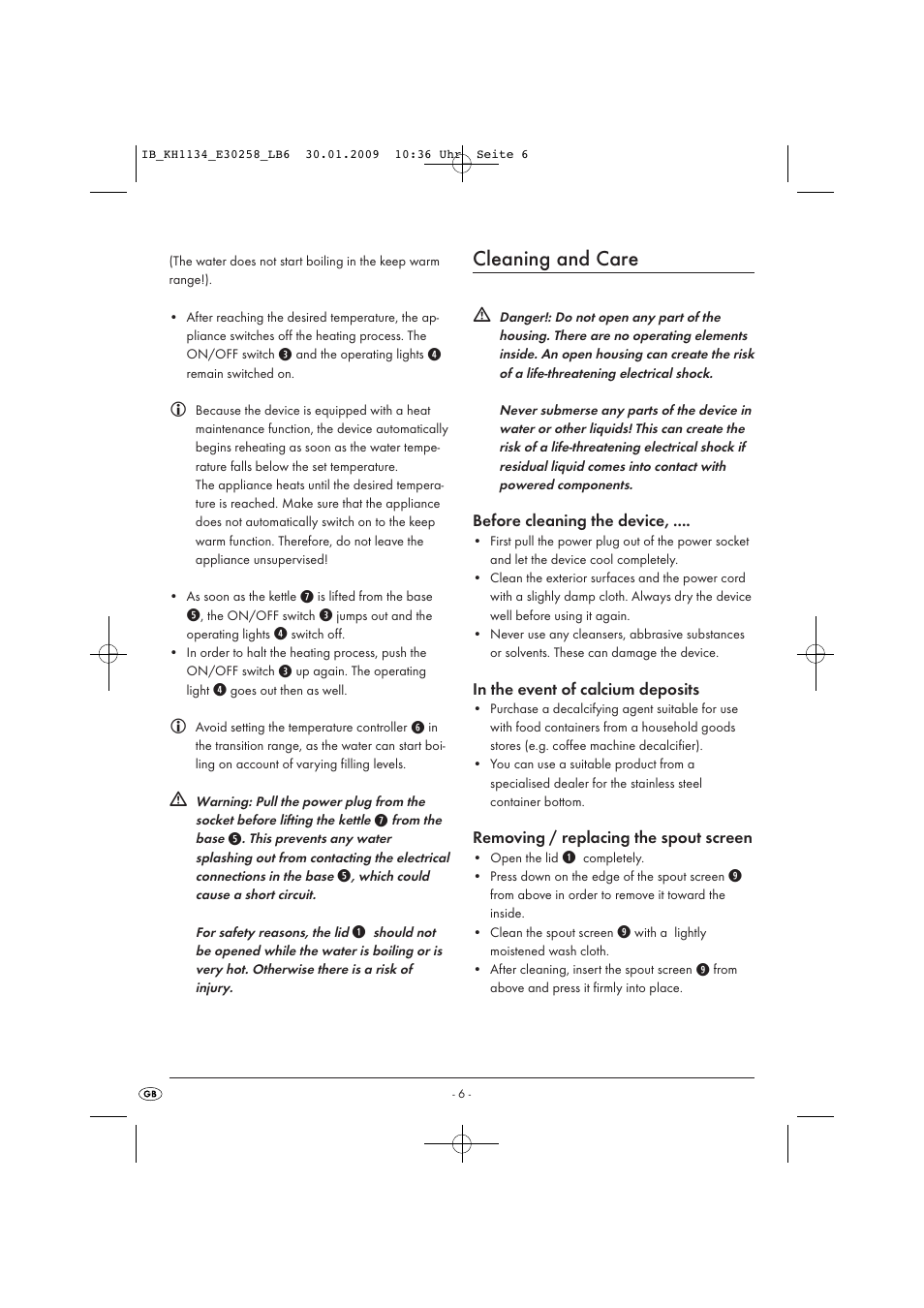 Cleaning and care | Kompernass KH 1134 User Manual | Page 6 / 7