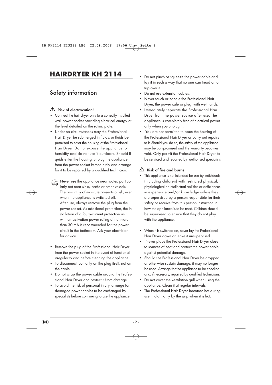 Hairdryer kh 2114, Safety information | Kompernass KH 2114 User Manual | Page 4 / 7