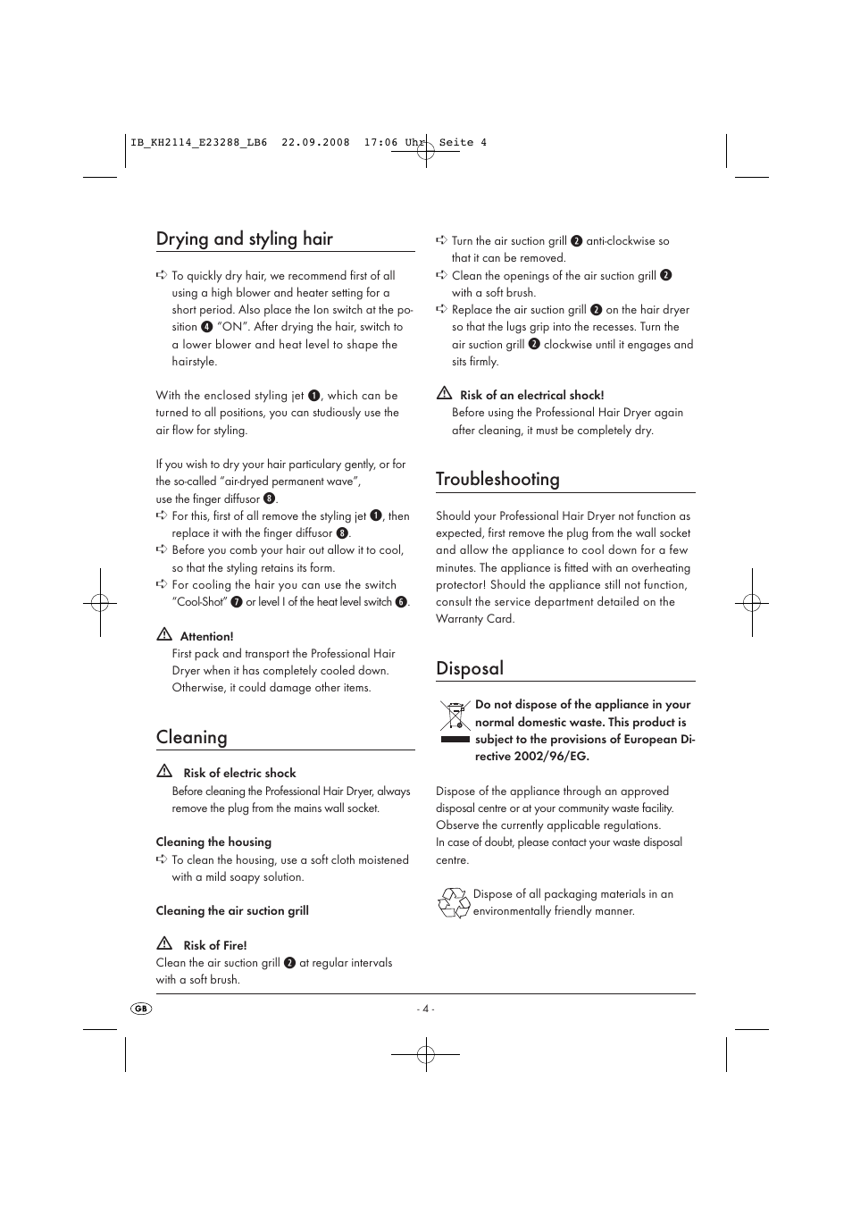 Drying and styling hair, Cleaning, Troubleshooting | Disposal | Kompernass KH 2114 User Manual | Page 6 / 7