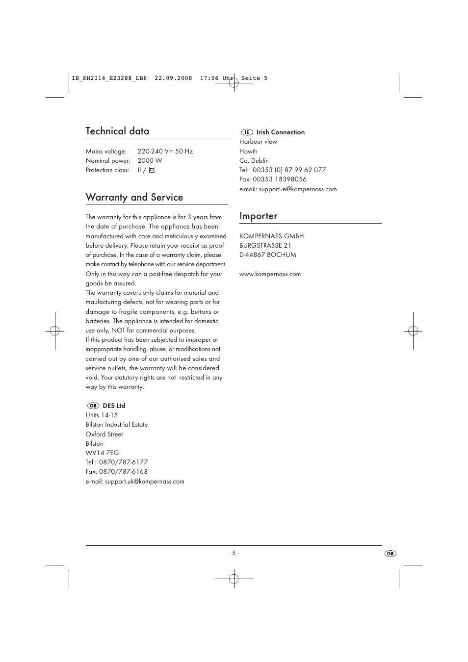 Technical data, Warranty and service, Importer | Kompernass KH 2114 User Manual | Page 7 / 7