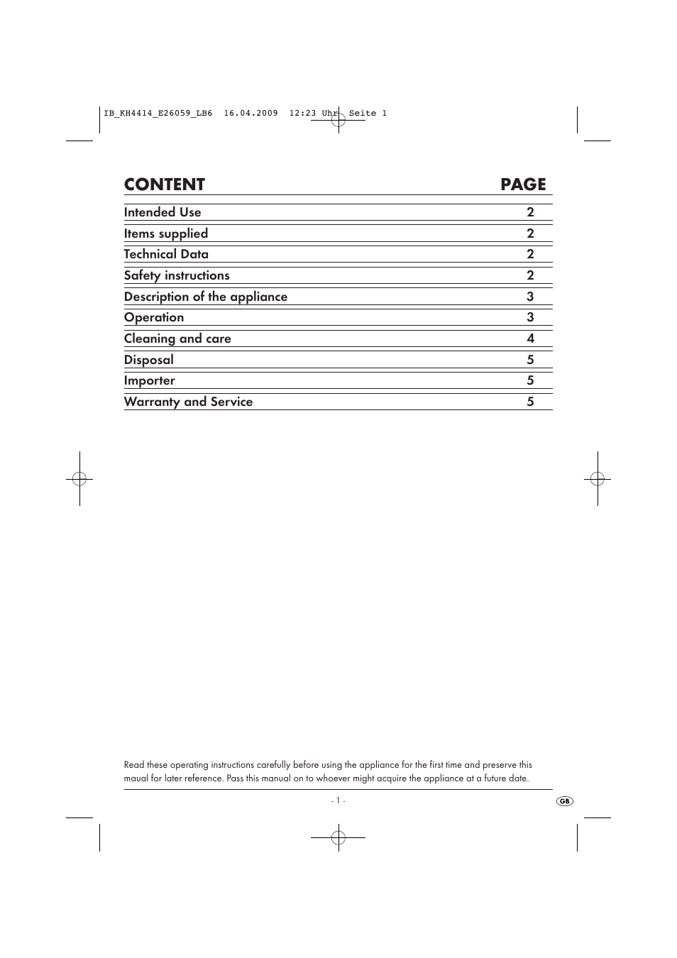 Content page | Kompernass KH 4414 User Manual | Page 3 / 7