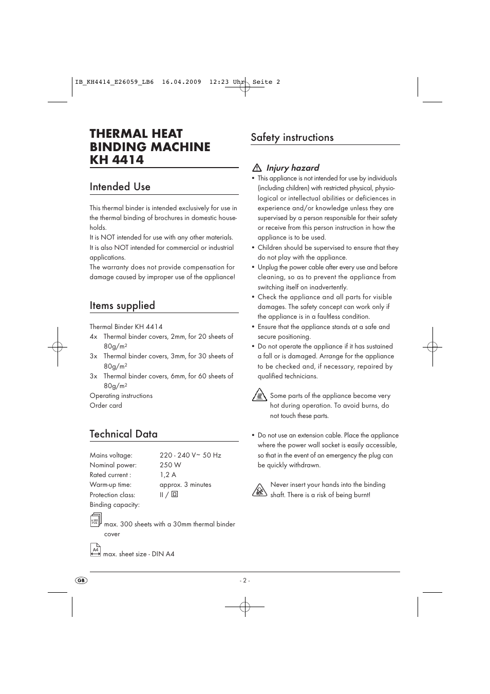 Thermal heat binding machine kh 4414, Intended use, Items supplied | Technical data, Safety instructions | Kompernass KH 4414 User Manual | Page 4 / 7