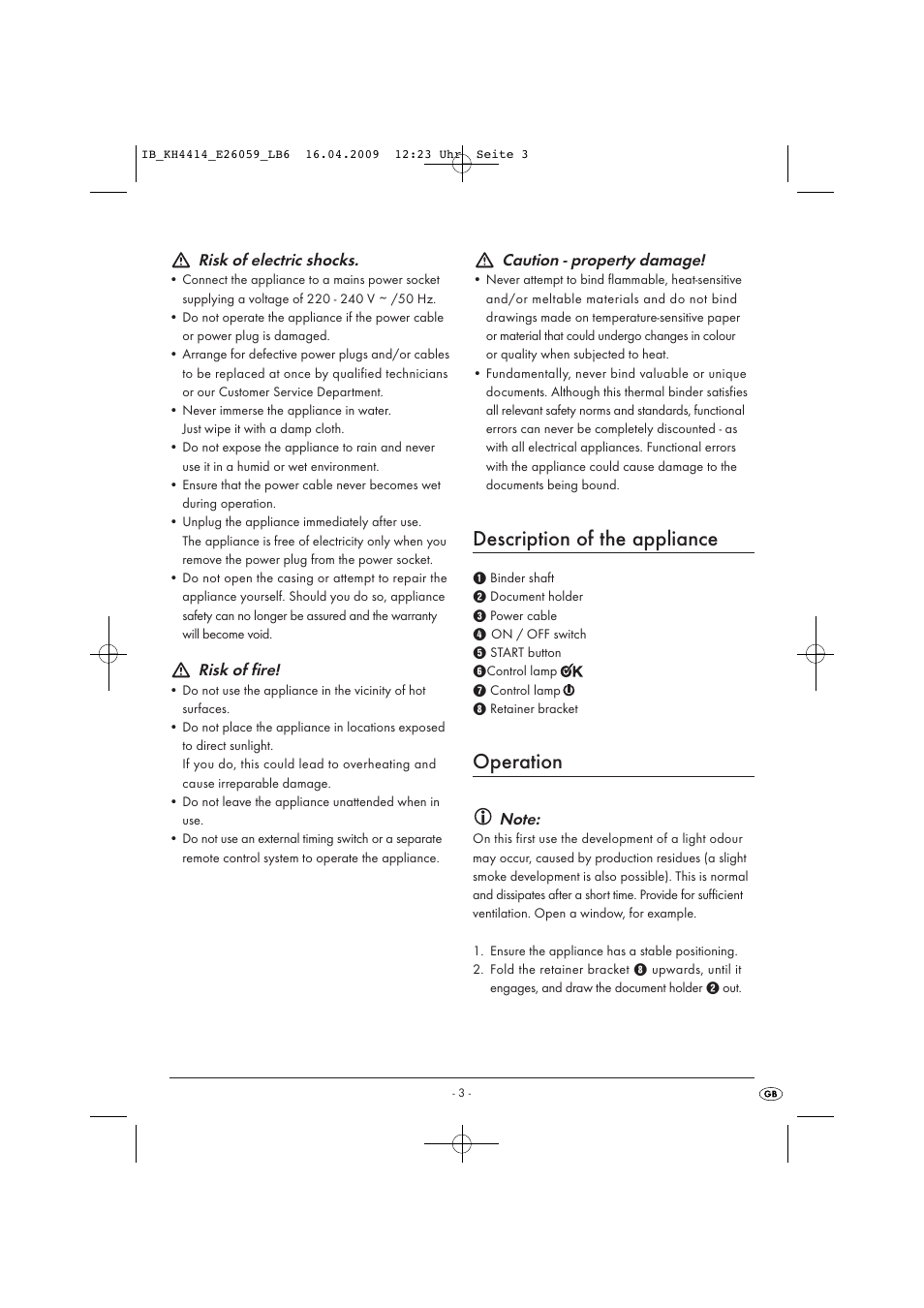 Description of the appliance, Operation | Kompernass KH 4414 User Manual | Page 5 / 7