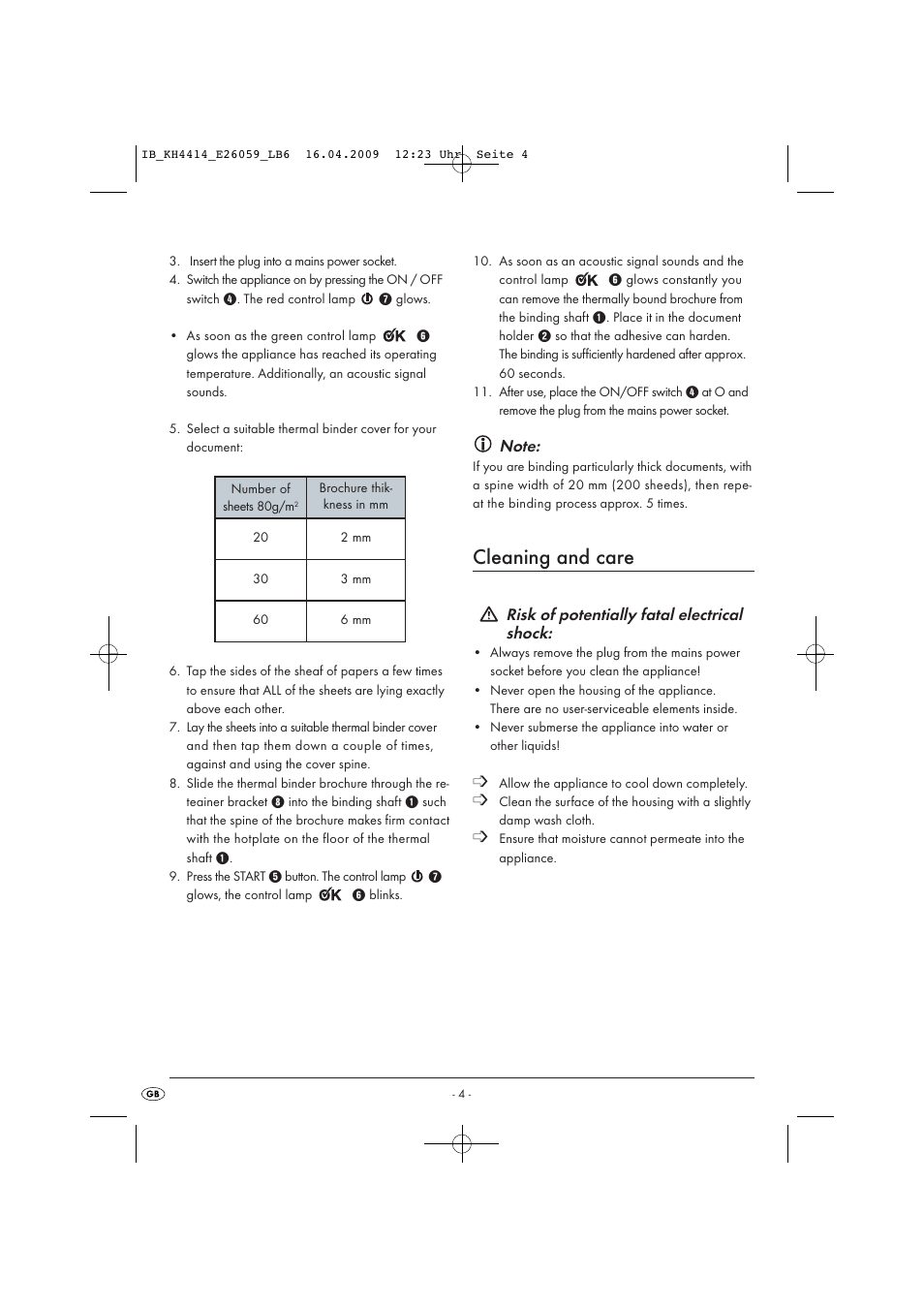 Cleaning and care, Risk of potentially fatal electrical shock | Kompernass KH 4414 User Manual | Page 6 / 7