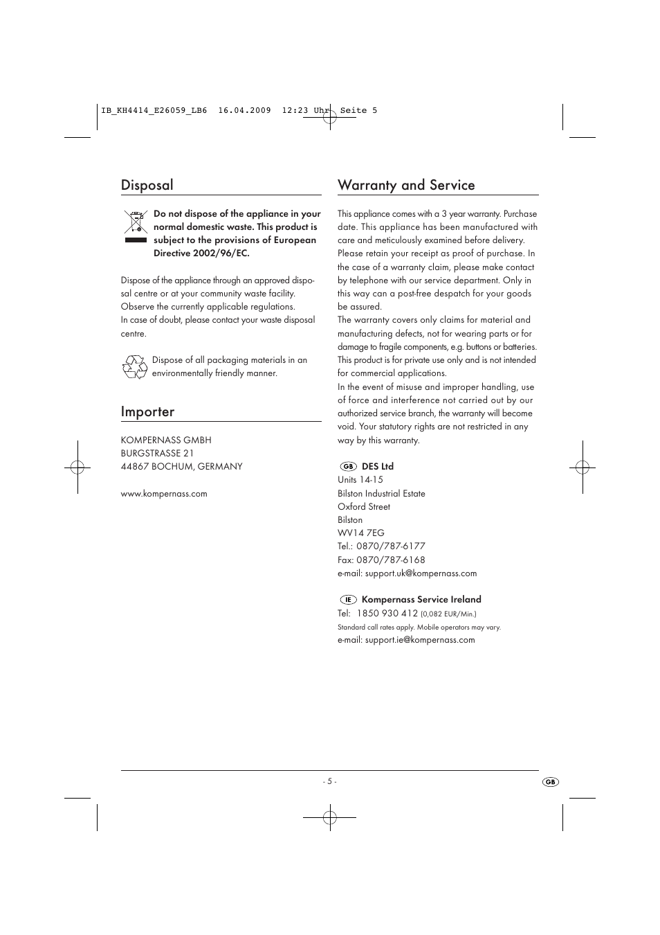 Disposal, Importer, Warranty and service | Kompernass KH 4414 User Manual | Page 7 / 7