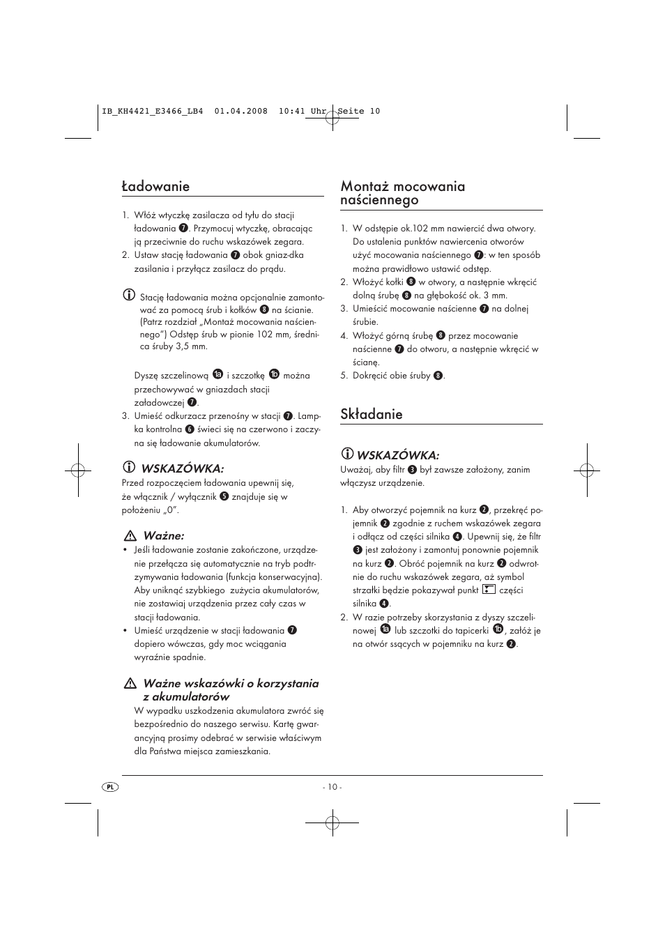 Ładowanie, Montaż mocowania naściennego, Składanie | Kompernass KH 4421 User Manual | Page 12 / 50