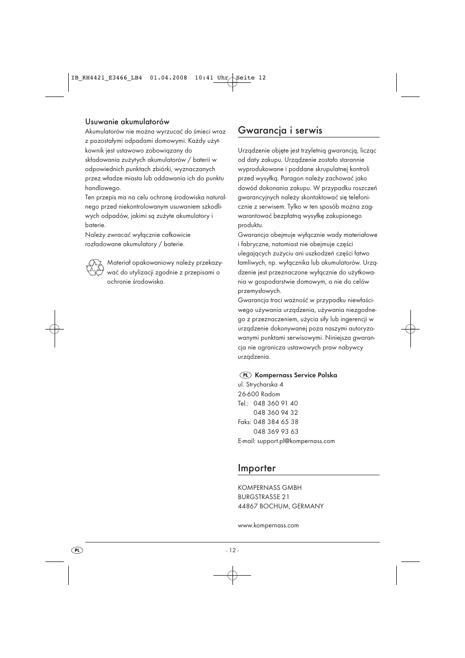 Gwarancja i serwis, Importer | Kompernass KH 4421 User Manual | Page 14 / 50