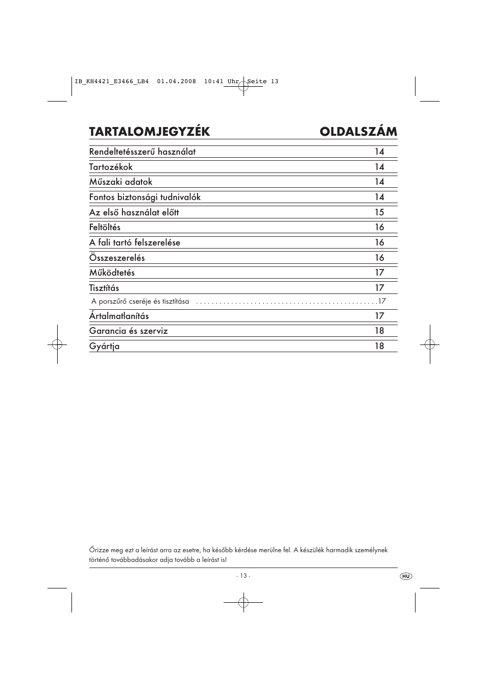 Tartalomjegyzék oldalszám | Kompernass KH 4421 User Manual | Page 15 / 50