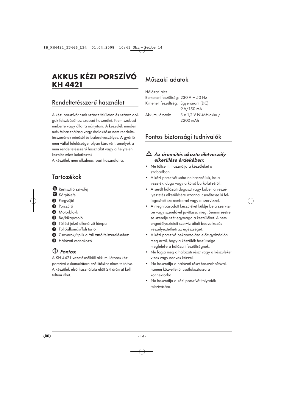 Akkus kézi porszívó kh 4421, Rendeltetésszerű használat, Tartozékok | Műszaki adatok, Fontos biztonsági tudnivalók | Kompernass KH 4421 User Manual | Page 16 / 50