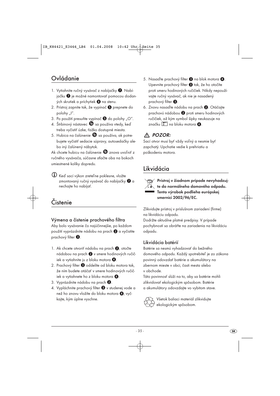 Ovládanie, Čistenie, Likvidácia | Kompernass KH 4421 User Manual | Page 37 / 50