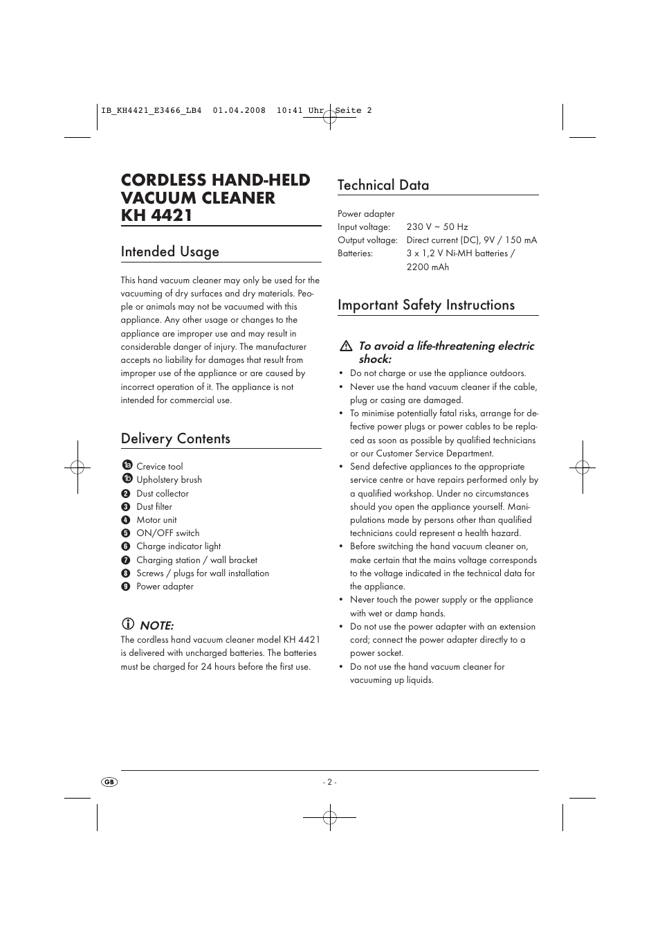 Cordless hand-held vacuum cleaner kh 4421, Intended usage, Delivery contents | Technical data, Important safety instructions | Kompernass KH 4421 User Manual | Page 4 / 50