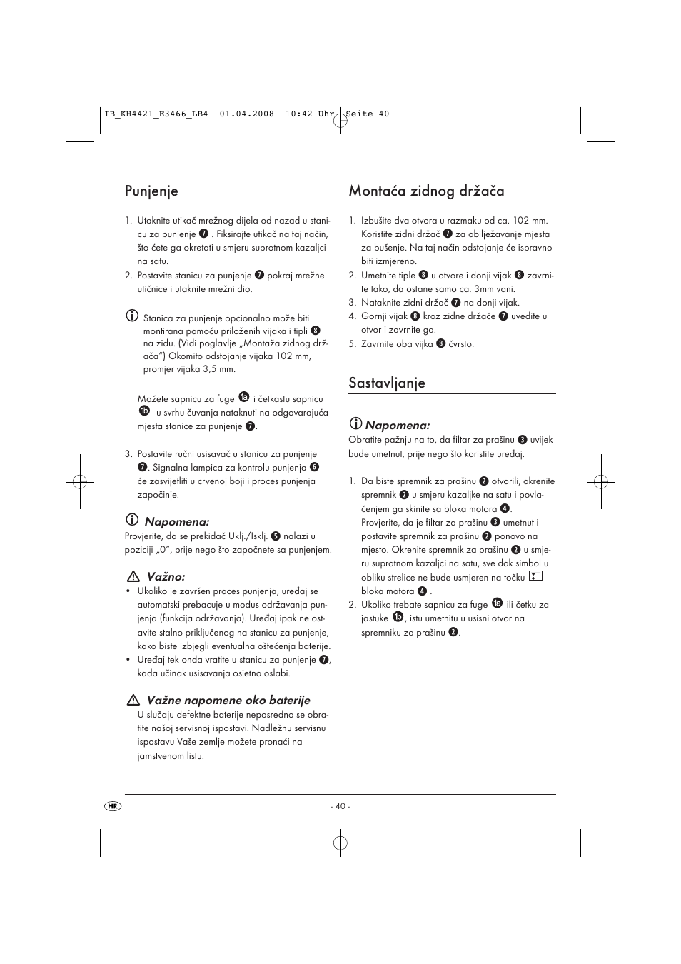 Punjenje, Montaća zidnog držača, Sastavljanje | Kompernass KH 4421 User Manual | Page 42 / 50