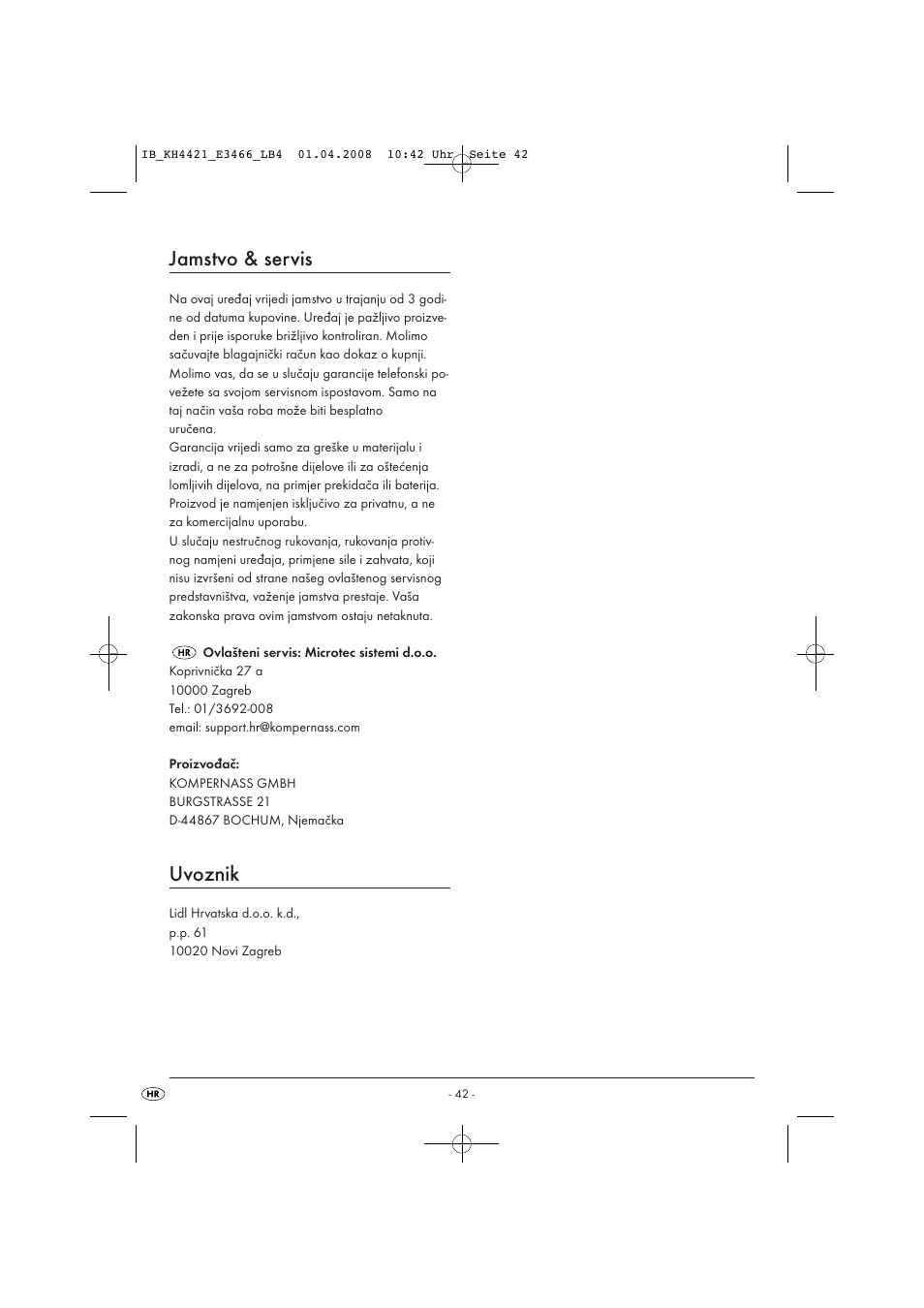 Jamstvo & servis, Uvoznik | Kompernass KH 4421 User Manual | Page 44 / 50