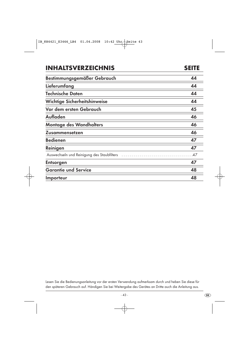 Inhaltsverzeichnis seite | Kompernass KH 4421 User Manual | Page 45 / 50