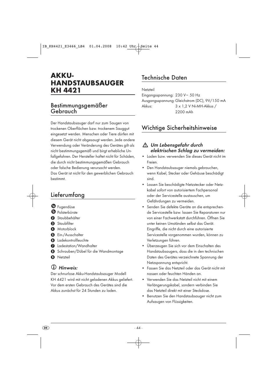 Akku- handstaubsauger kh 4421, Bestimmungsgemäßer gebrauch, Lieferumfang | Technische daten, Wichtige sicherheitshinweise | Kompernass KH 4421 User Manual | Page 46 / 50