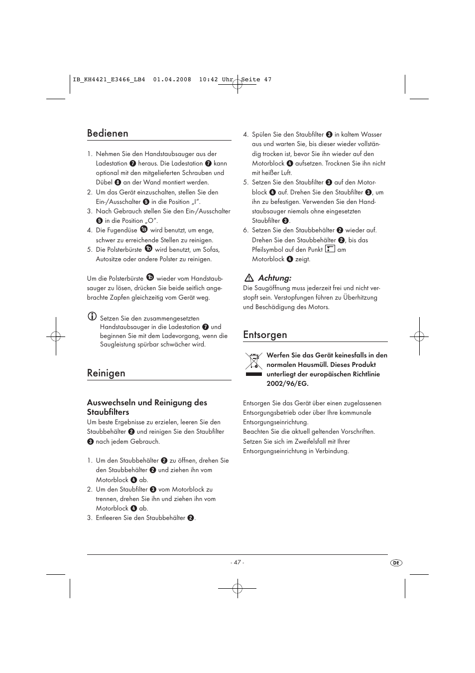 Bedienen, Reinigen, Entsorgen | Kompernass KH 4421 User Manual | Page 49 / 50