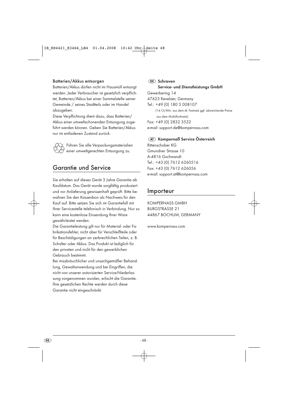 Garantie und service, Importeur | Kompernass KH 4421 User Manual | Page 50 / 50