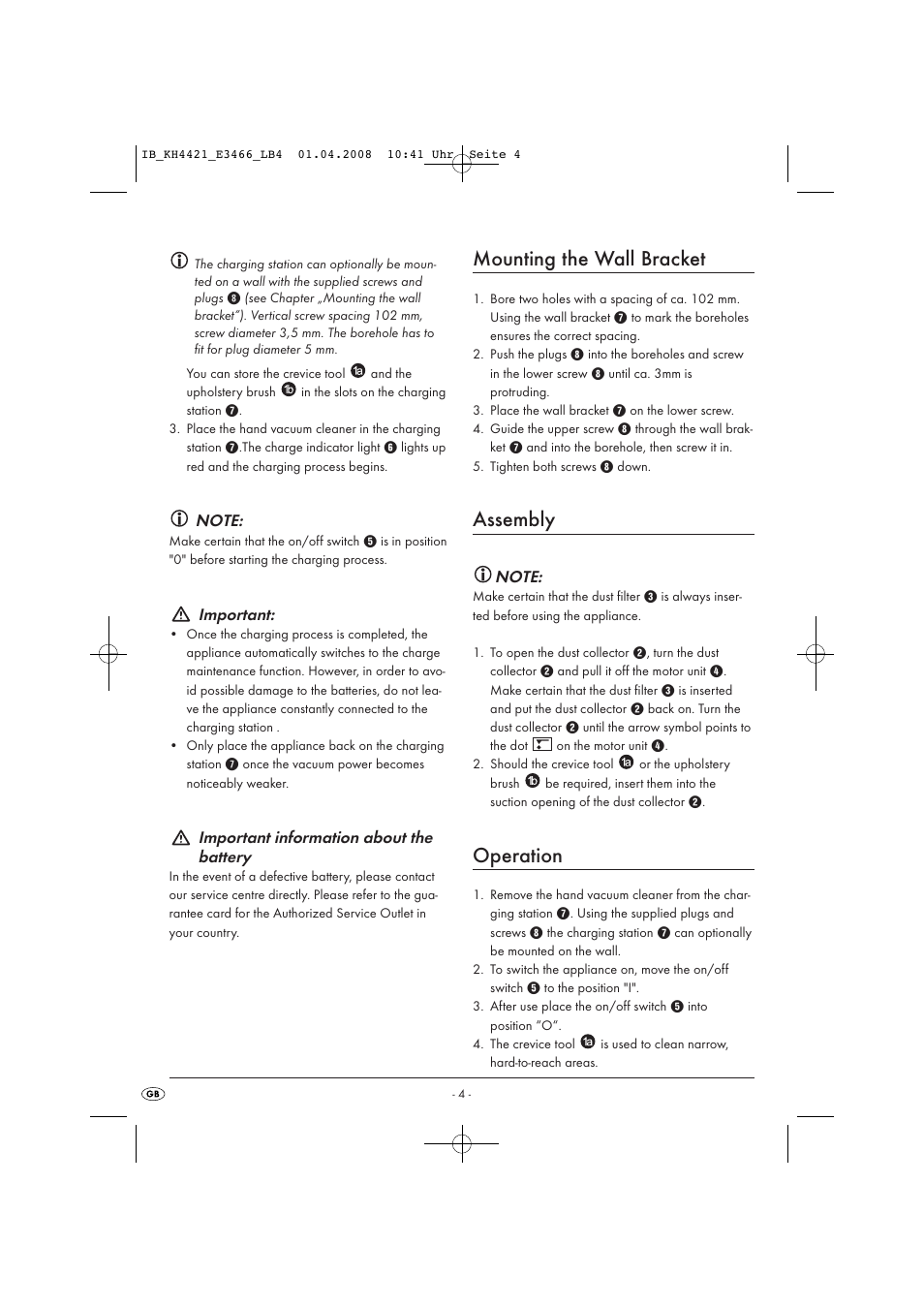 Mounting the wall bracket, Assembly, Operation | Kompernass KH 4421 User Manual | Page 6 / 50
