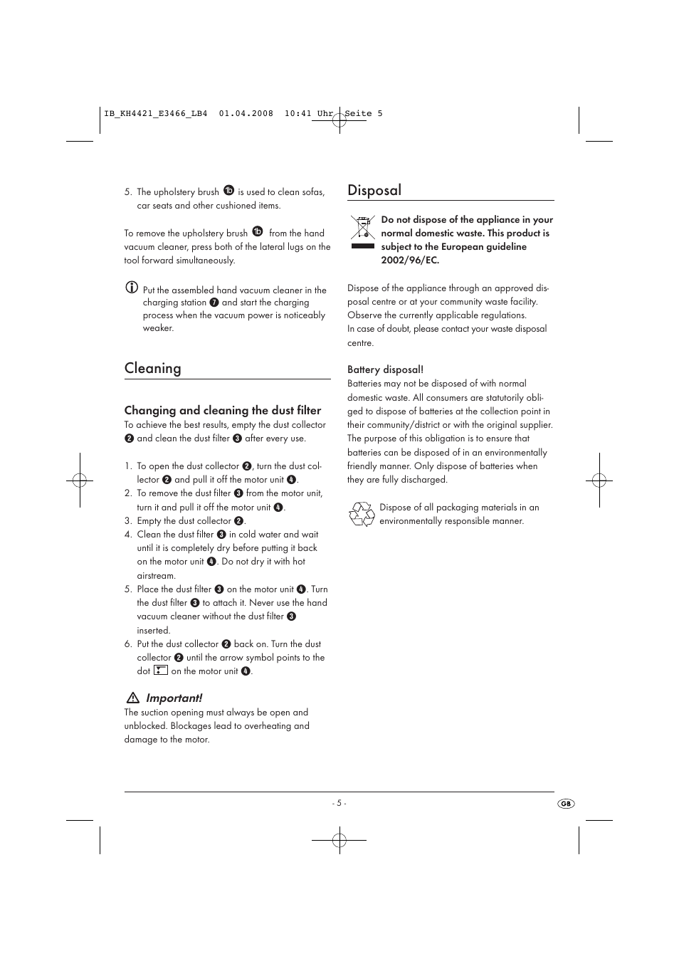 Cleaning, Disposal | Kompernass KH 4421 User Manual | Page 7 / 50