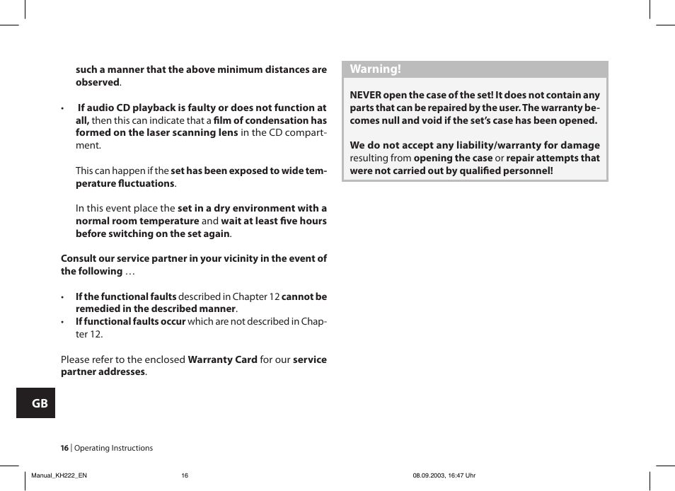 Warning | Kompernass KH 222 User Manual | Page 16 / 16