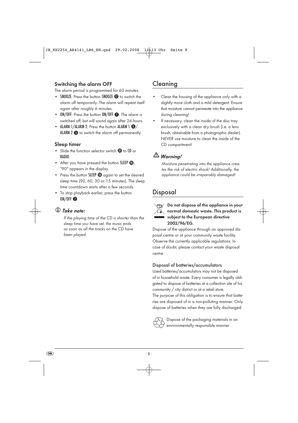 Cleaning, Disposal | Kompernass KH 2254 User Manual | Page 10 / 14