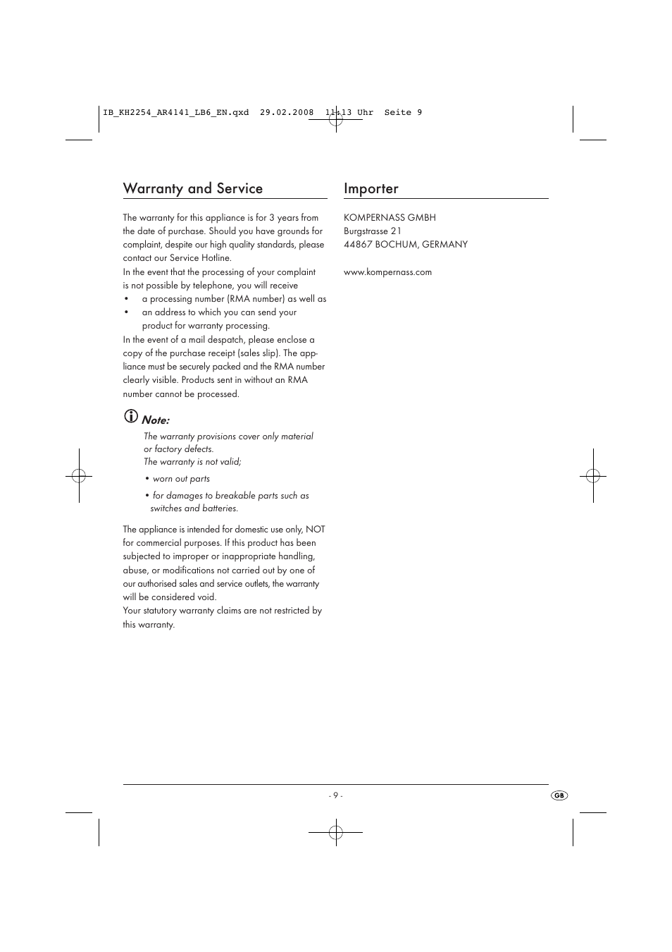 Warranty and service, Importer | Kompernass KH 2254 User Manual | Page 11 / 14