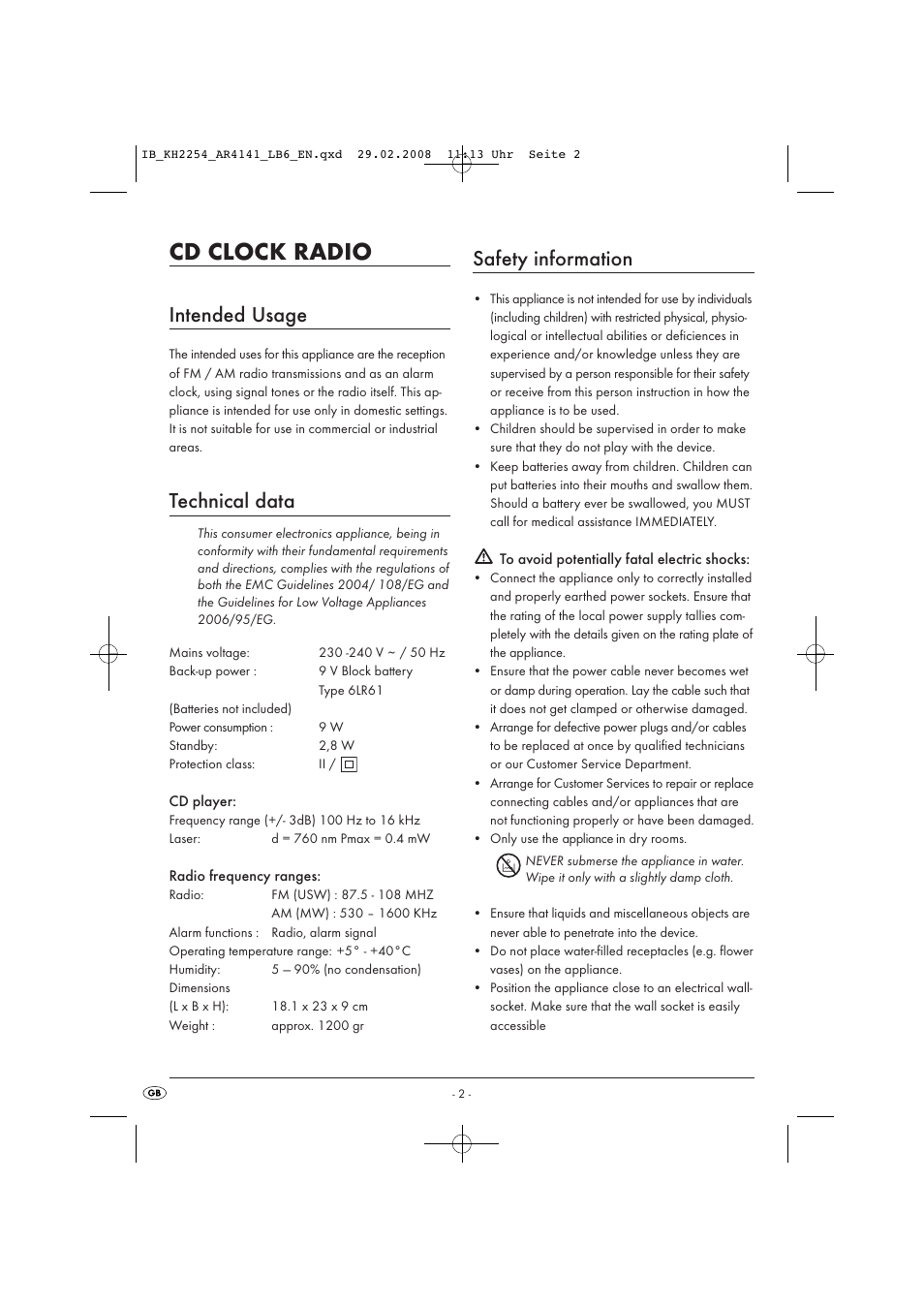 Cd clock radio, Intended usage, Technical data | Safety information | Kompernass KH 2254 User Manual | Page 4 / 14