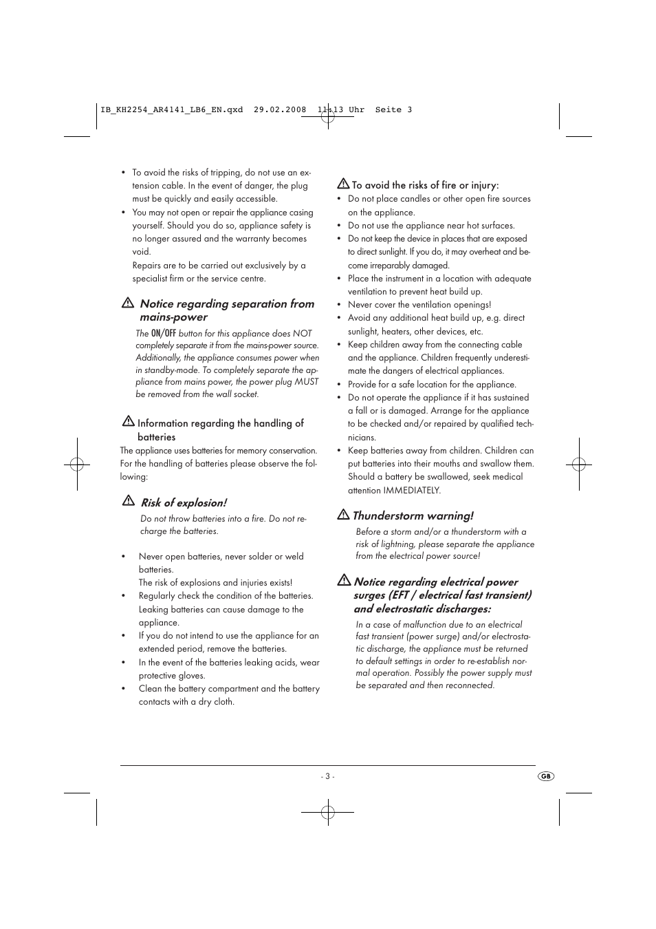 Notice regarding separation from mains-power, Risk of explosion, Thunderstorm warning | Kompernass KH 2254 User Manual | Page 5 / 14