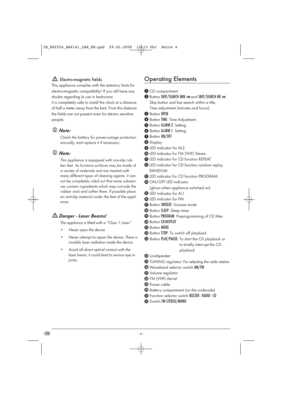 Operating elements | Kompernass KH 2254 User Manual | Page 6 / 14