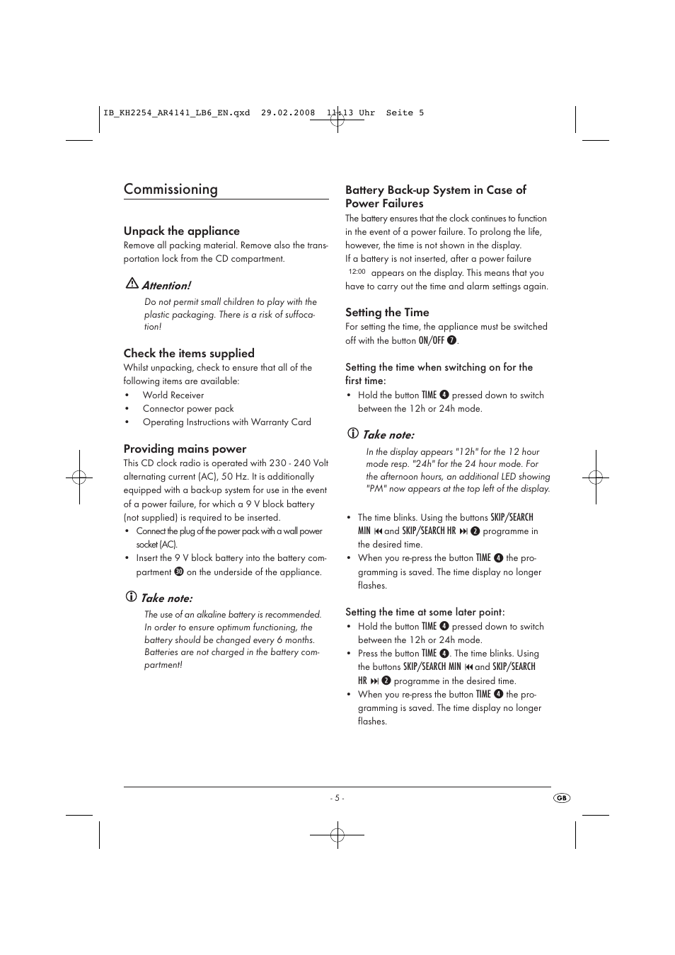 Commissioning | Kompernass KH 2254 User Manual | Page 7 / 14
