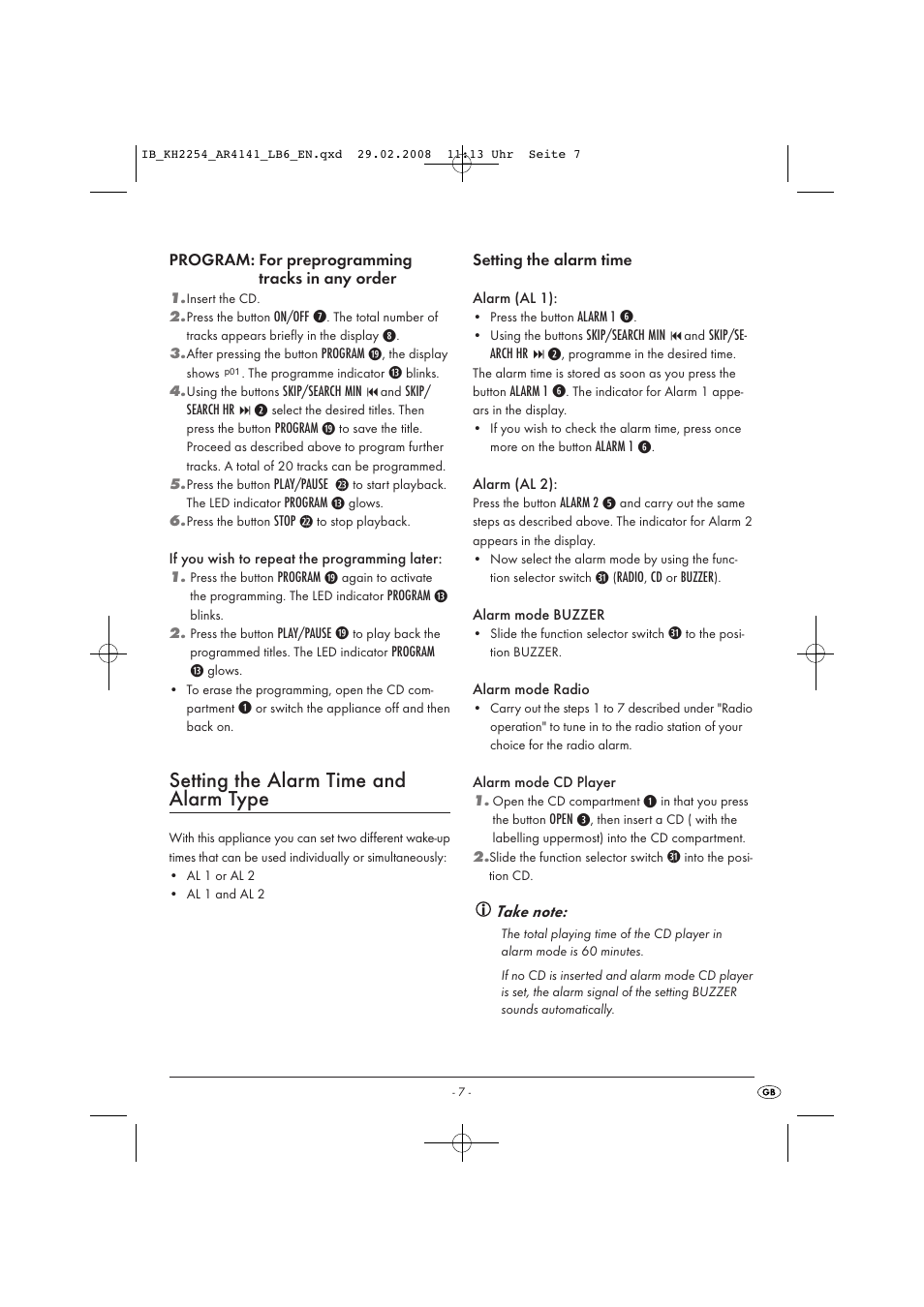 Setting the alarm time and alarm type | Kompernass KH 2254 User Manual | Page 9 / 14