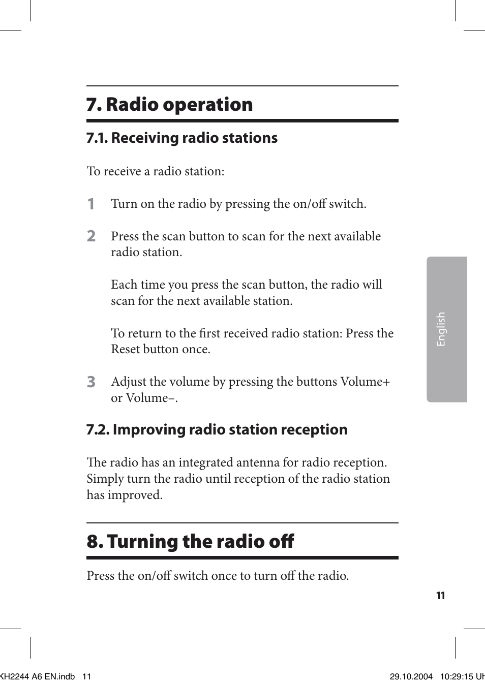 Radio operation, Turning the radio oﬀ | Kompernass KH 2244 User Manual | Page 11 / 16