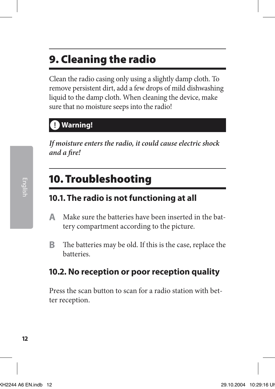 Cleaning the radio, Troubleshooting | Kompernass KH 2244 User Manual | Page 12 / 16