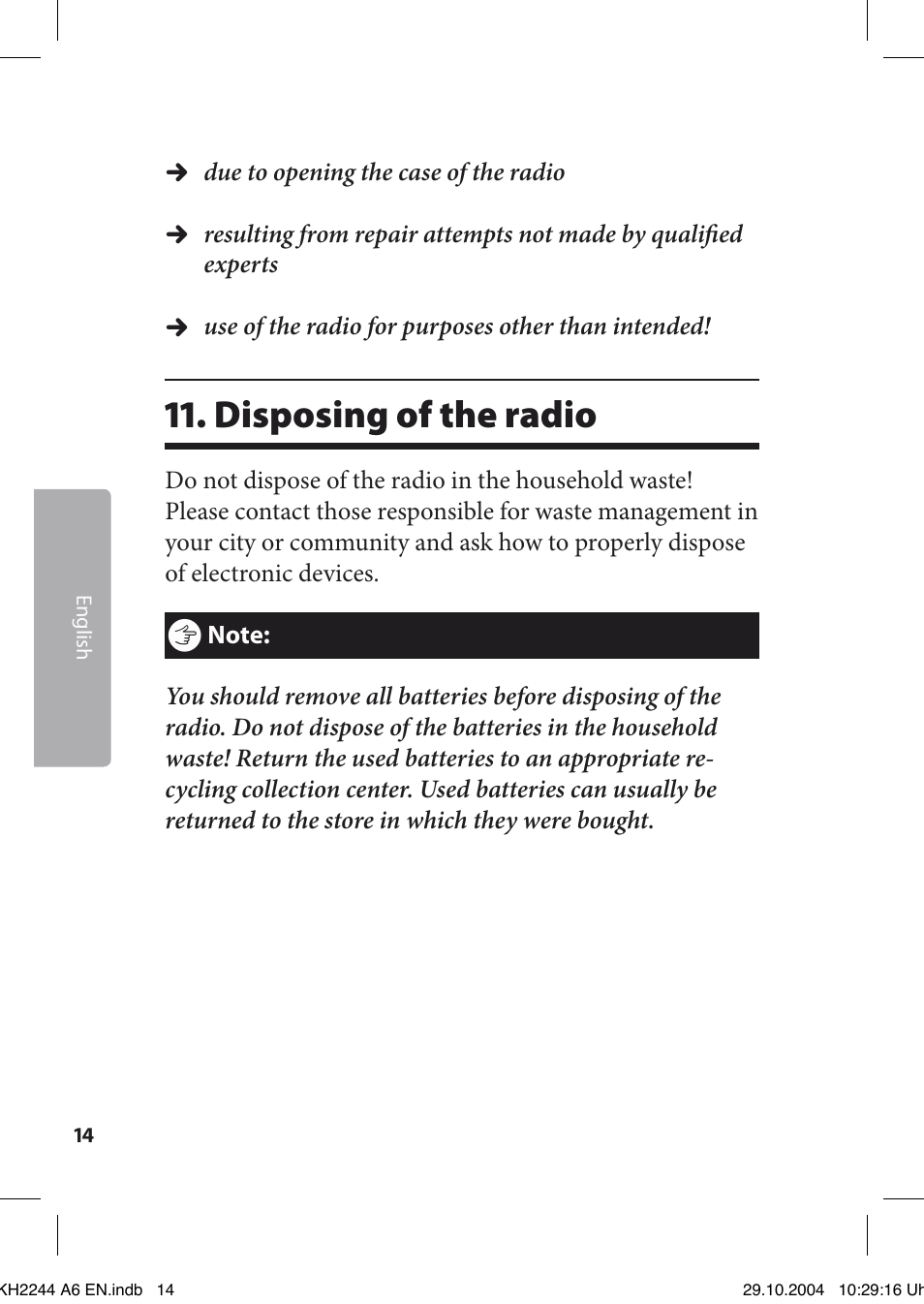 Disposing of the radio | Kompernass KH 2244 User Manual | Page 14 / 16