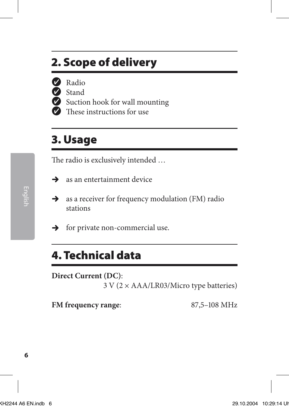 Scope of delivery, Usage, Technical data | Kompernass KH 2244 User Manual | Page 6 / 16