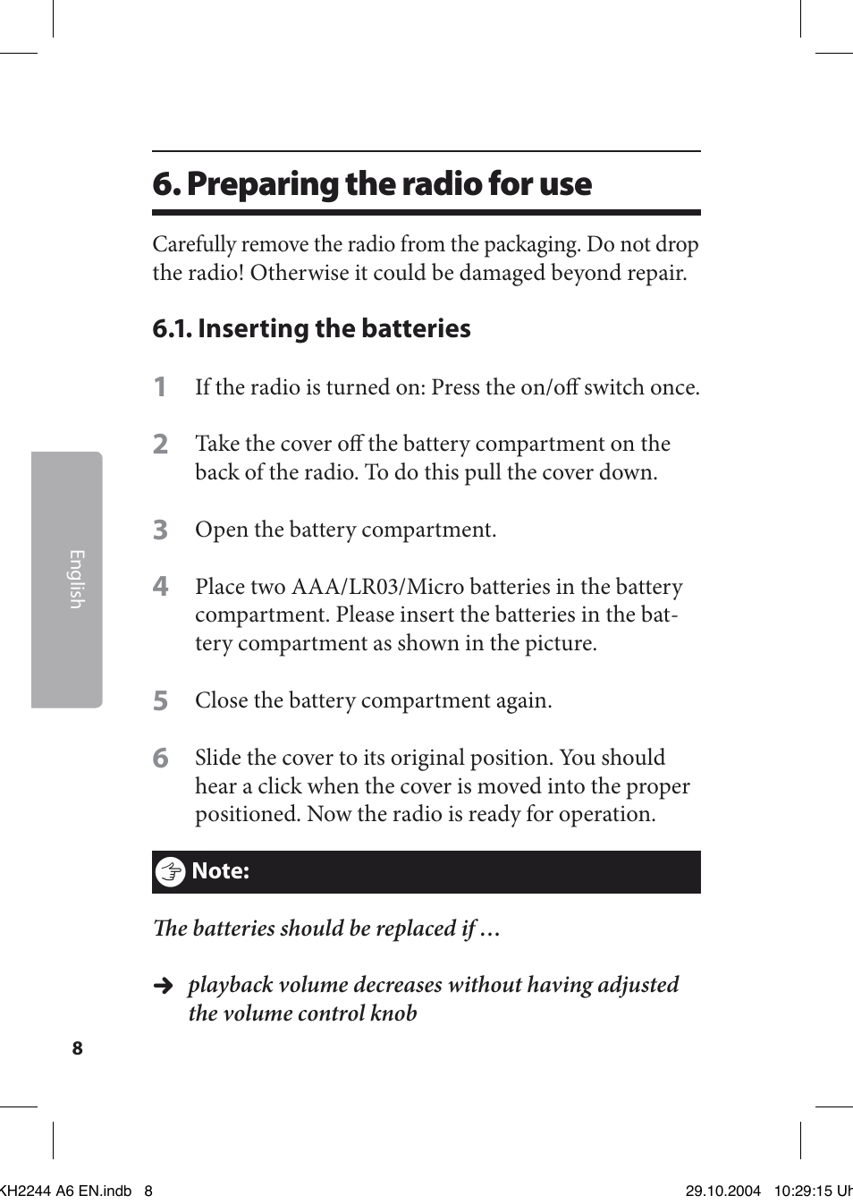 Preparing the radio for use | Kompernass KH 2244 User Manual | Page 8 / 16