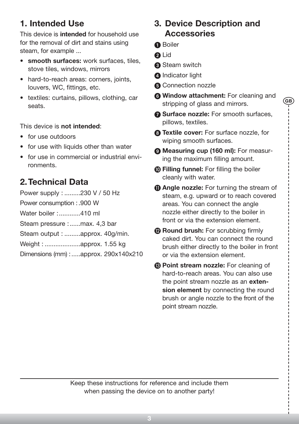Intended use, Technical data, Device description and accessories | Kompernass Hand Steam Cleaner KH 2323 User Manual | Page 4 / 8