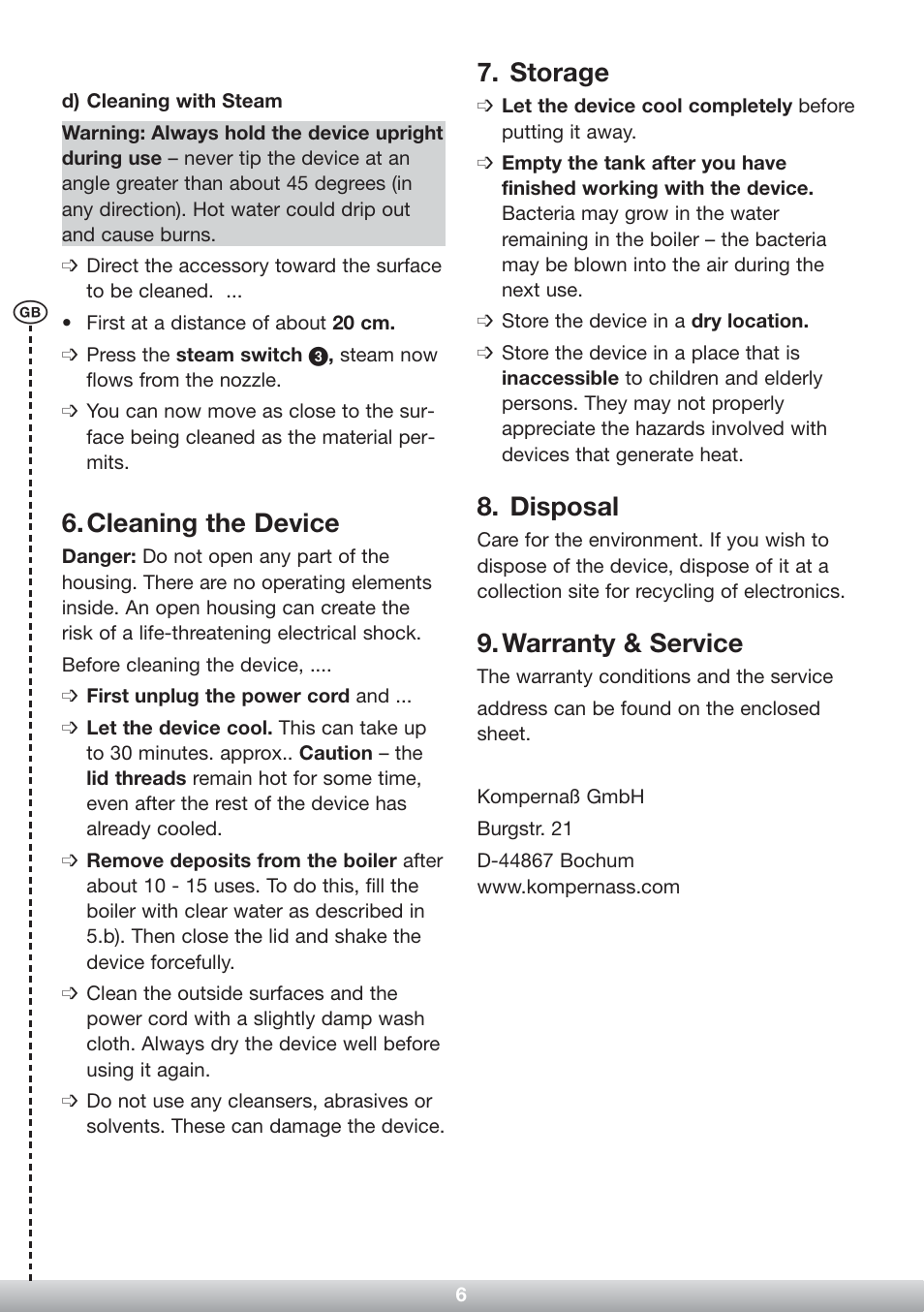 Cleaning the device, Storage, Disposal | Warranty & service | Kompernass Hand Steam Cleaner KH 2323 User Manual | Page 7 / 8