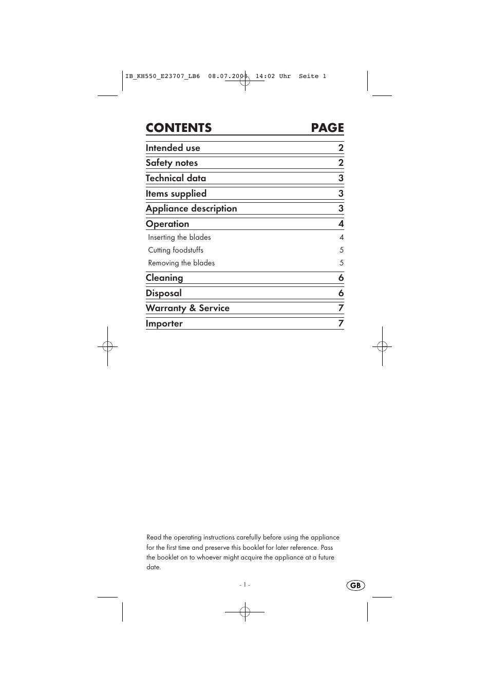 Contents page | Kompernass KH 550 User Manual | Page 3 / 9