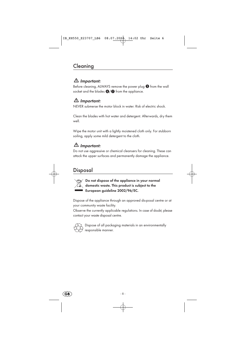 Cleaning, Disposal | Kompernass KH 550 User Manual | Page 8 / 9