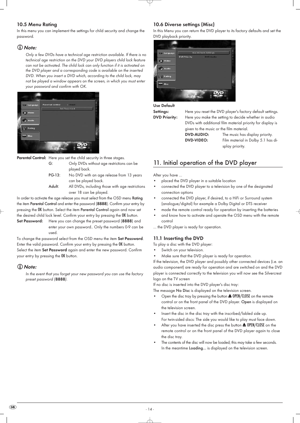 Initial operation of the dvd player | Kompernass KH 6516 User Manual | Page 14 / 28