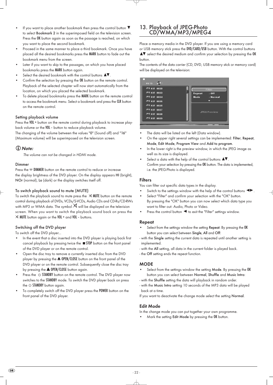 Playback of jpeg-photo cd/wma/mp3/mpeg4 | Kompernass KH 6516 User Manual | Page 22 / 28