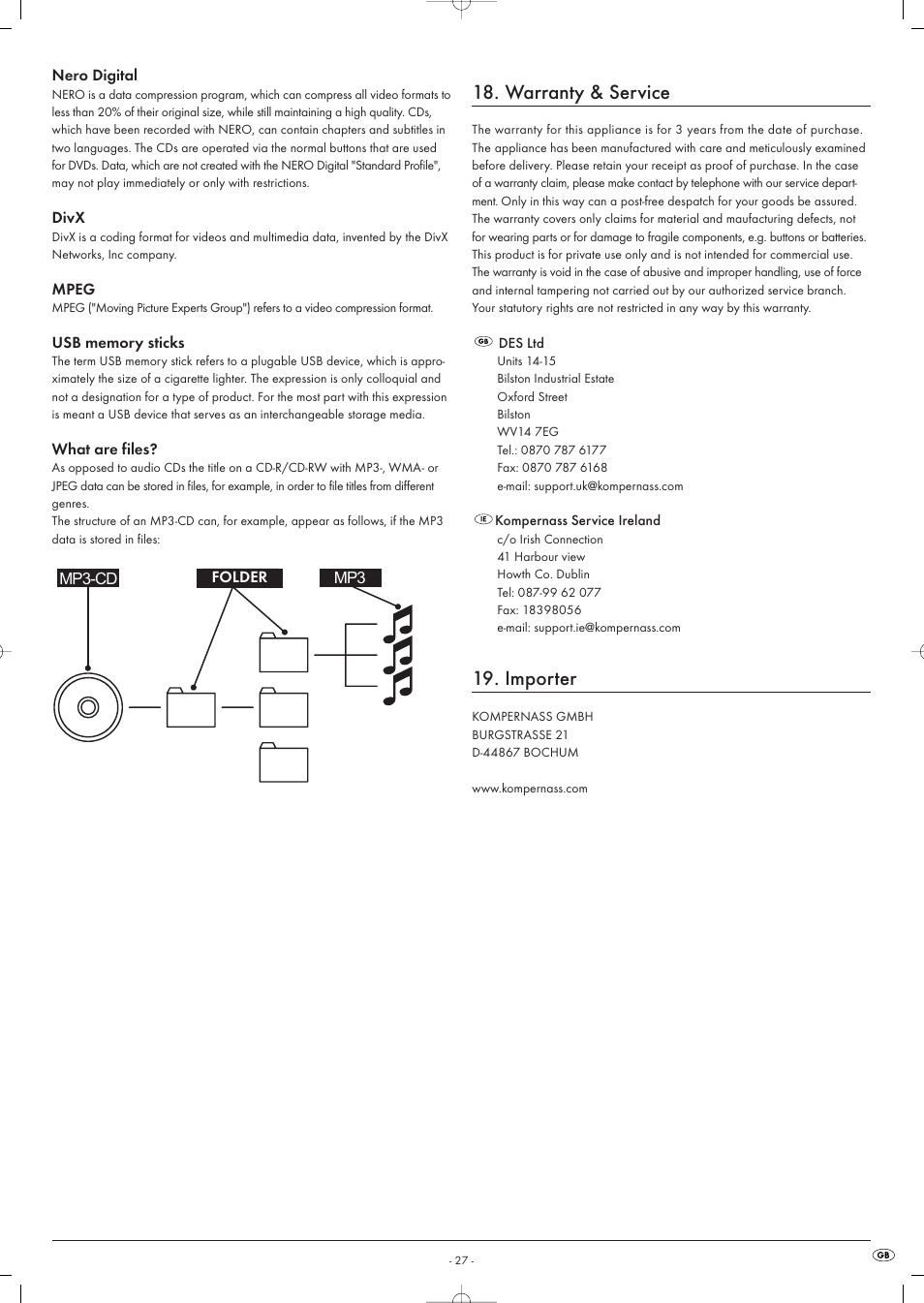 Warranty & service, Importer | Kompernass KH 6516 User Manual | Page 27 / 28