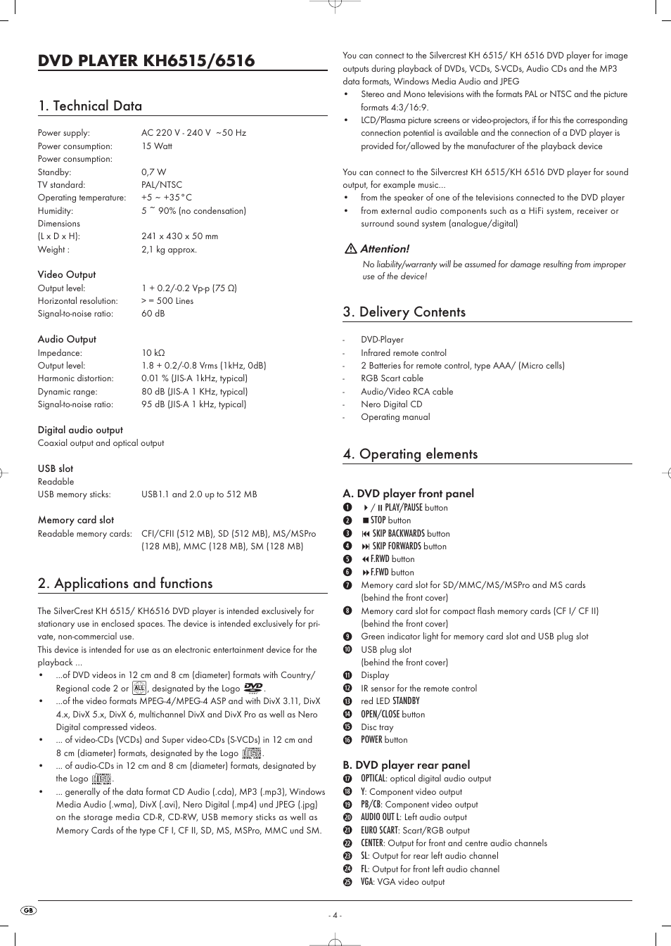 Technical data, Applications and functions, Delivery contents | Operating elements | Kompernass KH 6516 User Manual | Page 4 / 28