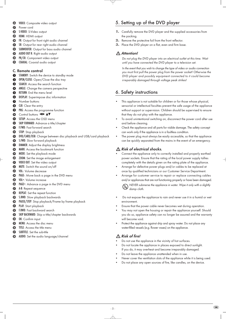 Setting up of the dvd player, Safety instructions | Kompernass KH 6516 User Manual | Page 5 / 28