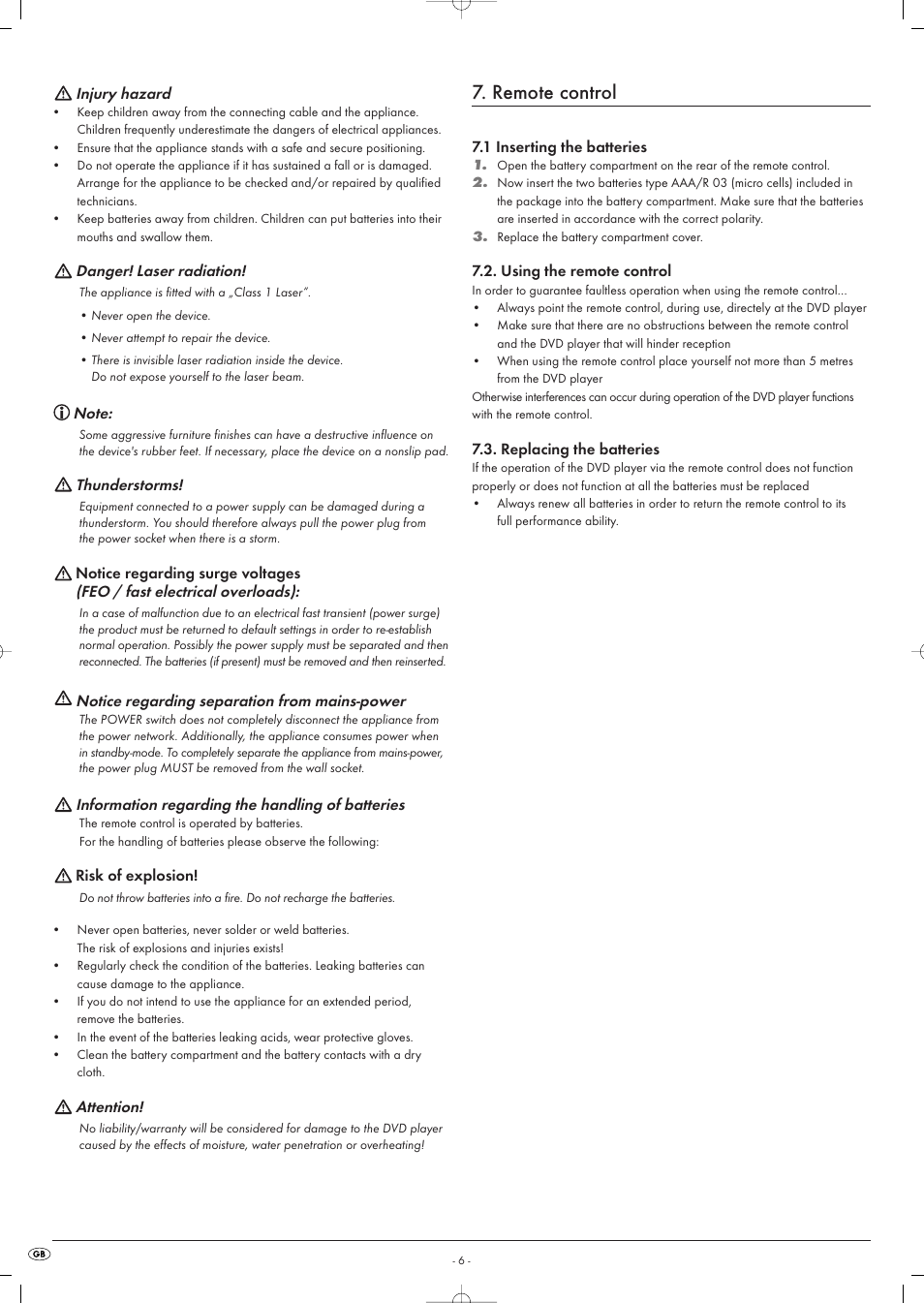 Remote control | Kompernass KH 6516 User Manual | Page 6 / 28