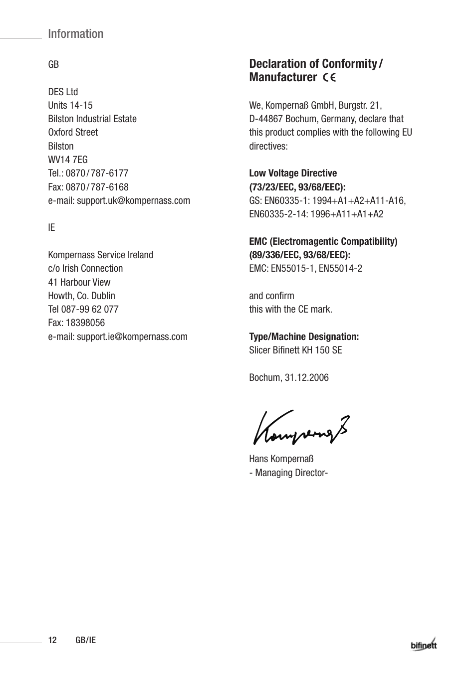 Declaration of conformity / manufacturer, Information | Kompernass KH 150 SE User Manual | Page 14 / 14