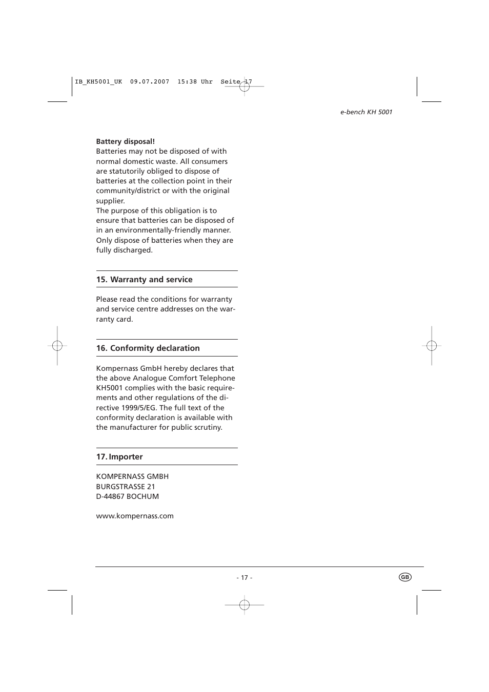 Kompernass bench KH5001 User Manual | Page 19 / 20